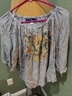 Striped Off-Shoulder Top with Floral Embroidery - Blue/White